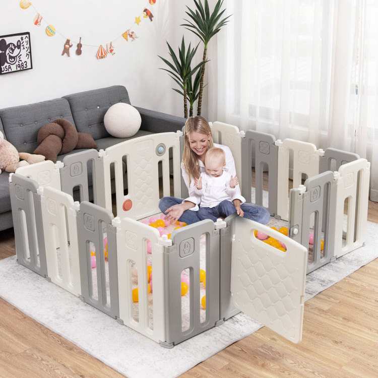 16 Panels Baby Safety Playpen with Drawing Board-GrayCostway Gallery View 7 of 11