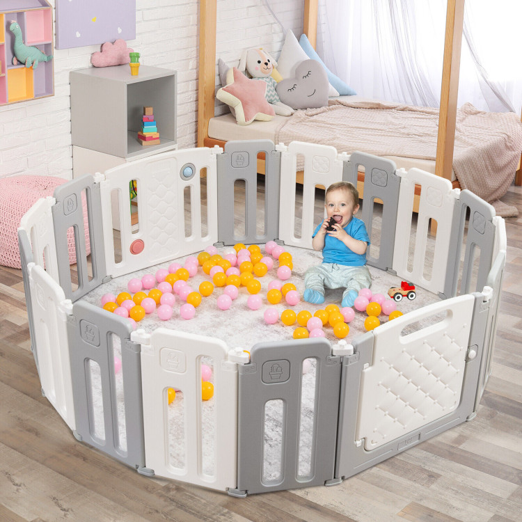16 Panels Baby Safety Playpen with Drawing Board-GrayCostway Gallery View 2 of 11