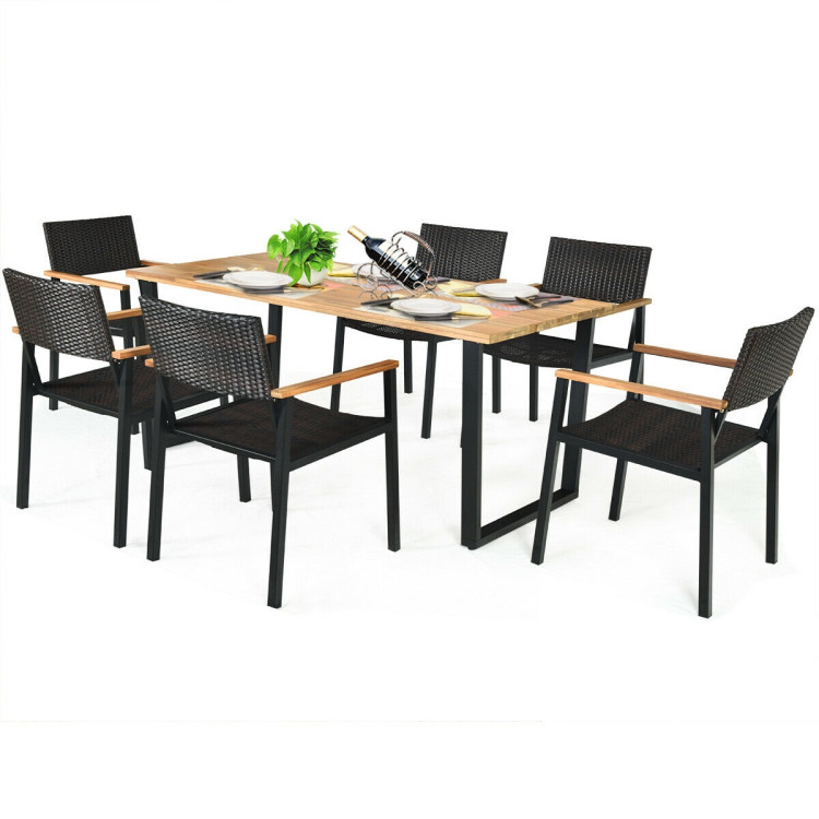 7 Pieces Outdoor Dining Set with Large Acacia Wood Table TopCostway Gallery View 4 of 8