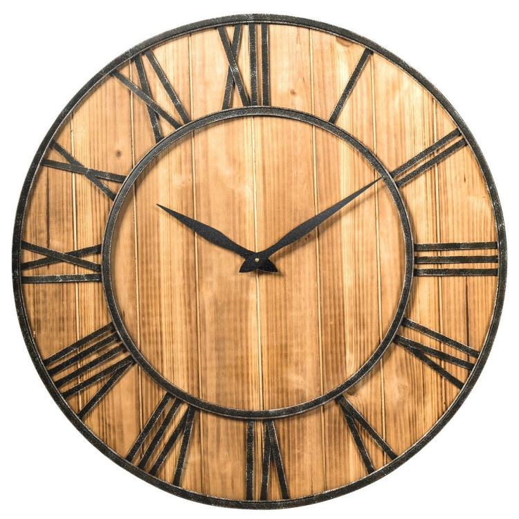 30 Inch Round Wall Clock Decorative Wooden Silent Clock with BatteryCostway Gallery View 1 of 13