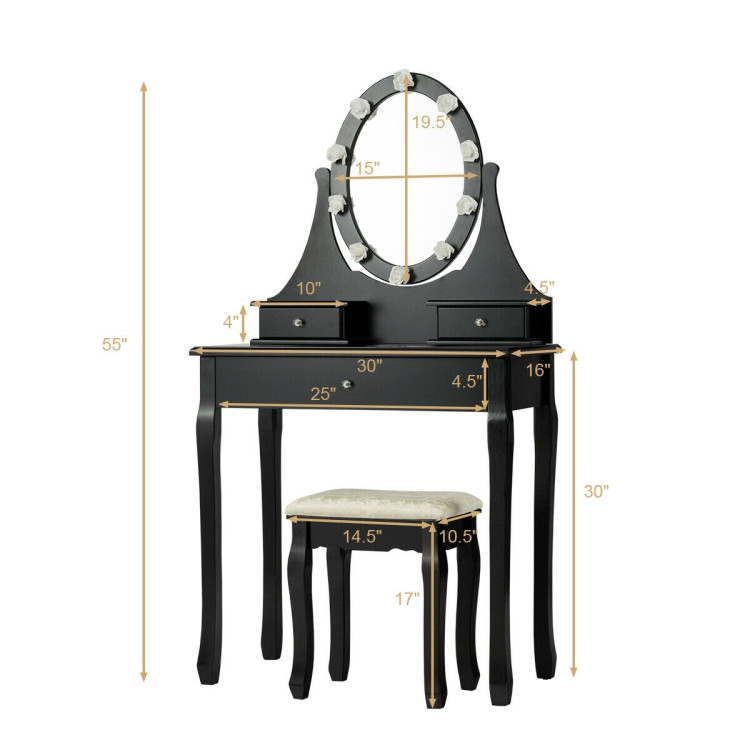 3 Drawers Lighted Mirror Vanity Dressing Table Stool Set-BlackCostway Gallery View 12 of 12