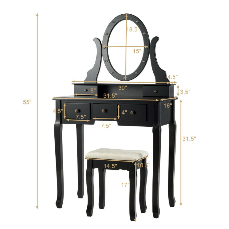 5 Drawers Vanity Table Stool Set with 12-LED Bulbs-BlackCostway Gallery View 6 of 12