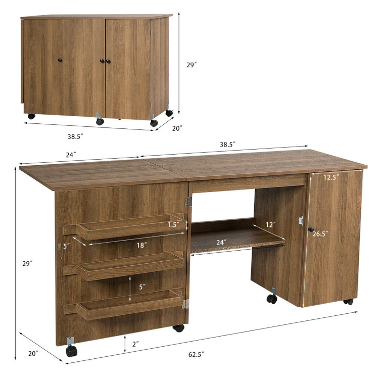 Folding Large Sewing Table Storage Shelves and Lockable Casters - Gallery View 4 of 10