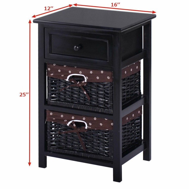 3 Tiers Wooden Storage Nightstand with 2 Baskets and 1 Drawer-blackCostway Gallery View 4 of 12