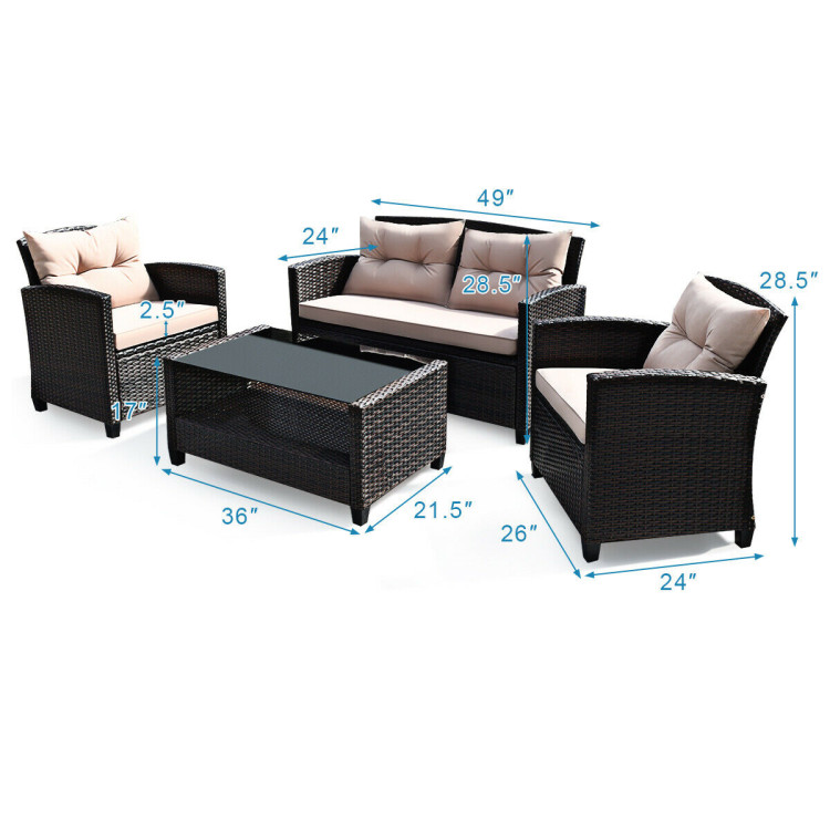 4 Pieces Outdoor Rattan Armrest Furniture Set Table with Lower ShelfCostway Gallery View 4 of 10
