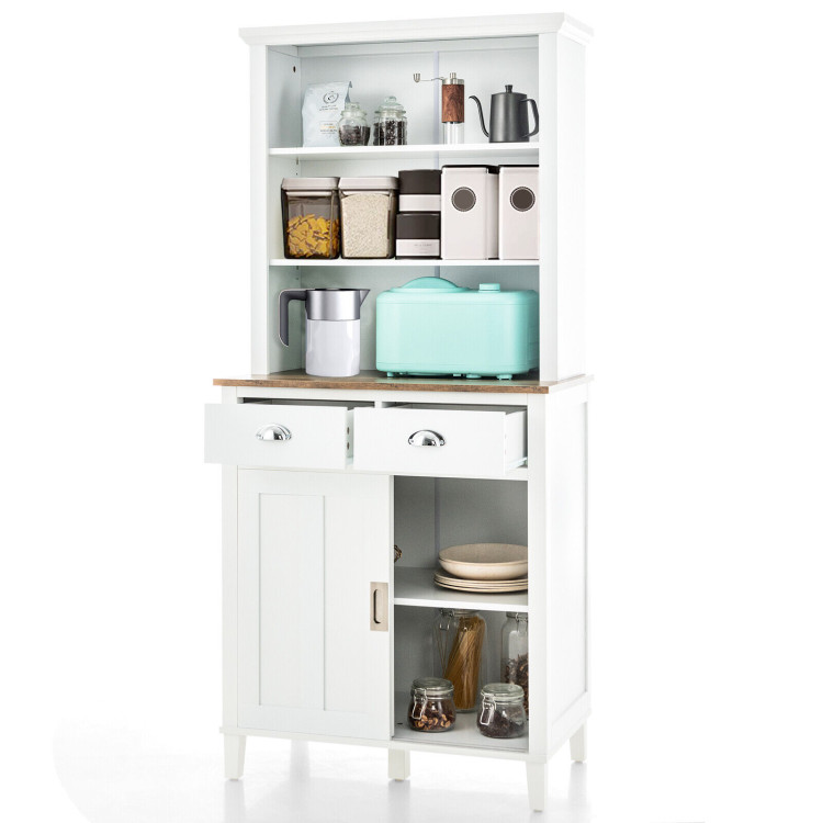 Freestanding Kitchen Pantry with Hutch Sliding Door and Drawer-WhiteCostway Gallery View 7 of 10