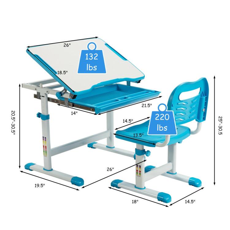 Kids Height Adjustable Desk and Chair Set with Tilted Tabletop and Drawer-BlueCostway Gallery View 4 of 12