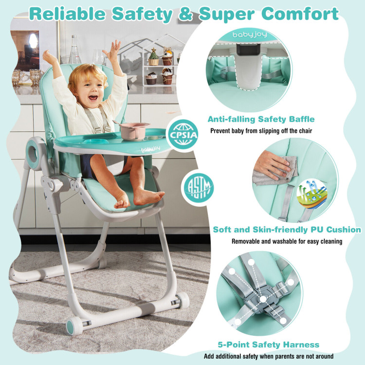 Baby High Chair Foldable Feeding Chair with 4 Lockable Wheels-GreenCostway Gallery View 3 of 10