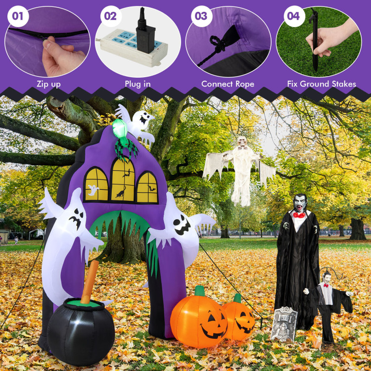 9 Feet Tall Halloween Inflatable Castle Archway Decor with Spider Ghosts and Built-inCostway Gallery View 8 of 9