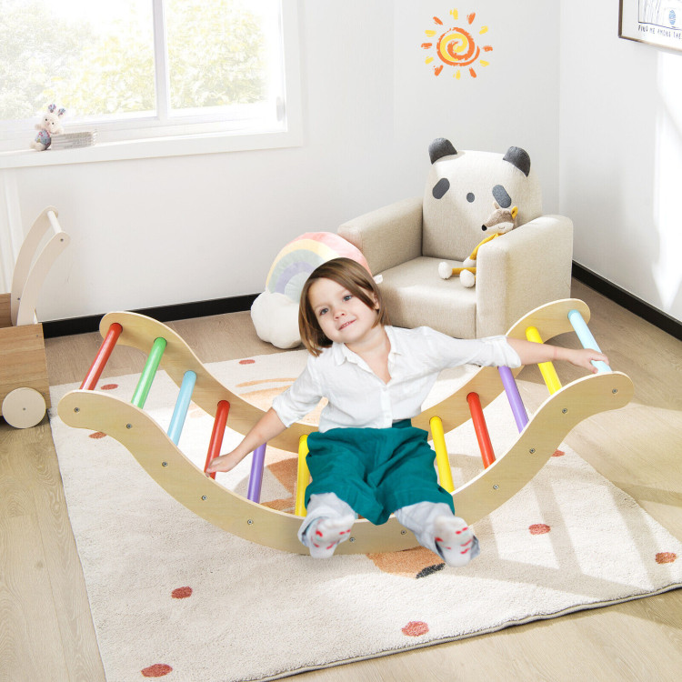 3-in-1 Kids Climber Set Wooden Arch Triangle Rocker with Ramp and MatCostway Gallery View 7 of 11