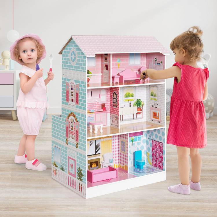 2-In-1 Double Sided Kids Kitchen Playset and Dollhouse with FurnitureCostway Gallery View 6 of 11