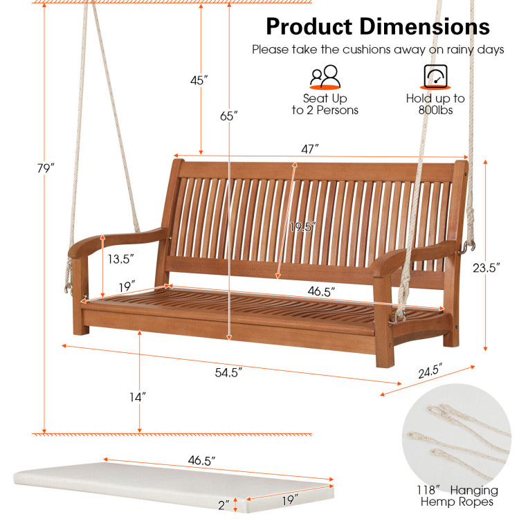 2-Person Hanging Porch Swing Wood Bench with Cushion Curved BackCostway Gallery View 4 of 9