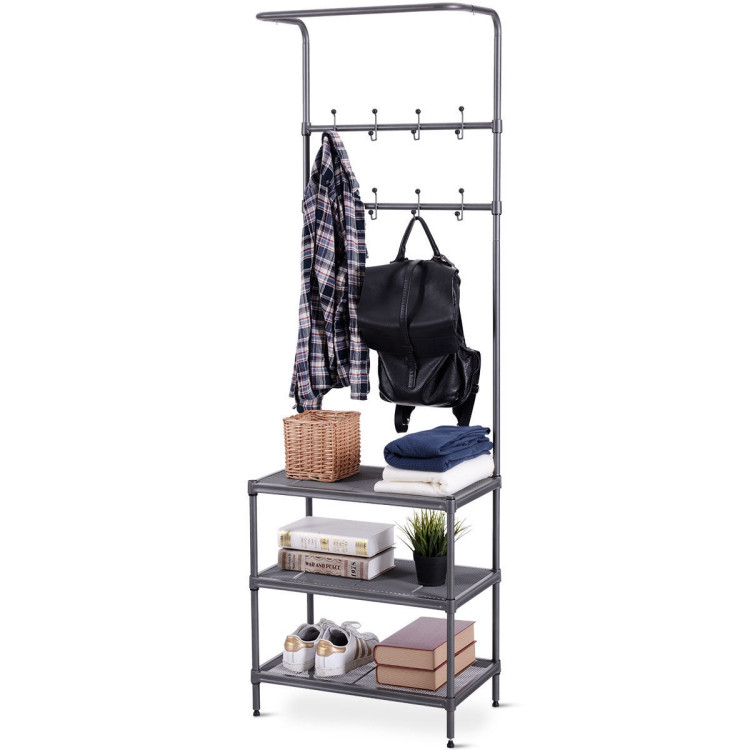 3-in-1 Coat Rack Shoe Bench with Storage Shelves and Adjustable Foot Pads - Gallery View 4 of 11