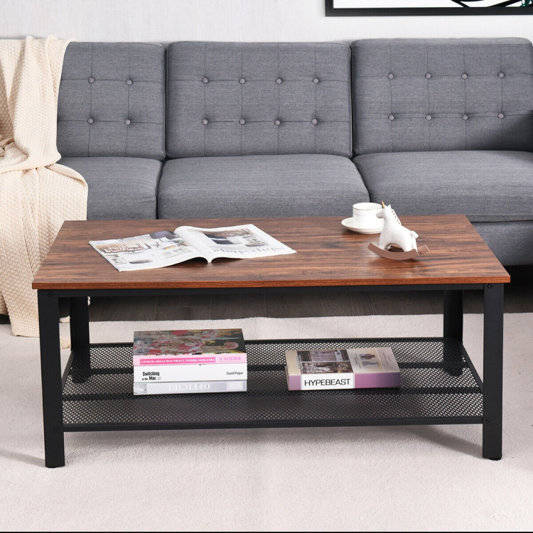 Metal Frame Wood Coffee Table Console Table with Storage Shelf-BrownCostway Gallery View 2 of 13