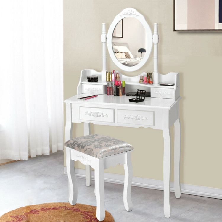 Vanity Table Set with Oval Mirror and 4 DrawersCostway Gallery View 2 of 12