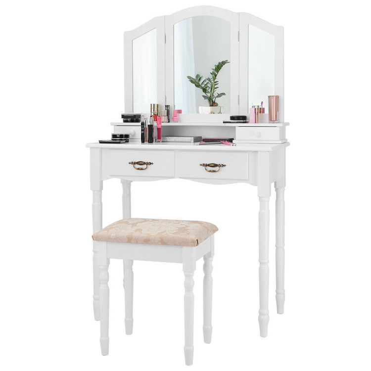 Simple Vanity Set with Tri-Folding Mirror Drawers and Storage Shelf-WhiteCostway Gallery View 8 of 12