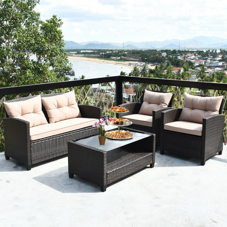 4 Pieces Outdoor Rattan Armrest Furniture Set Table with Lower ShelfCostway Gallery View 2 of 10