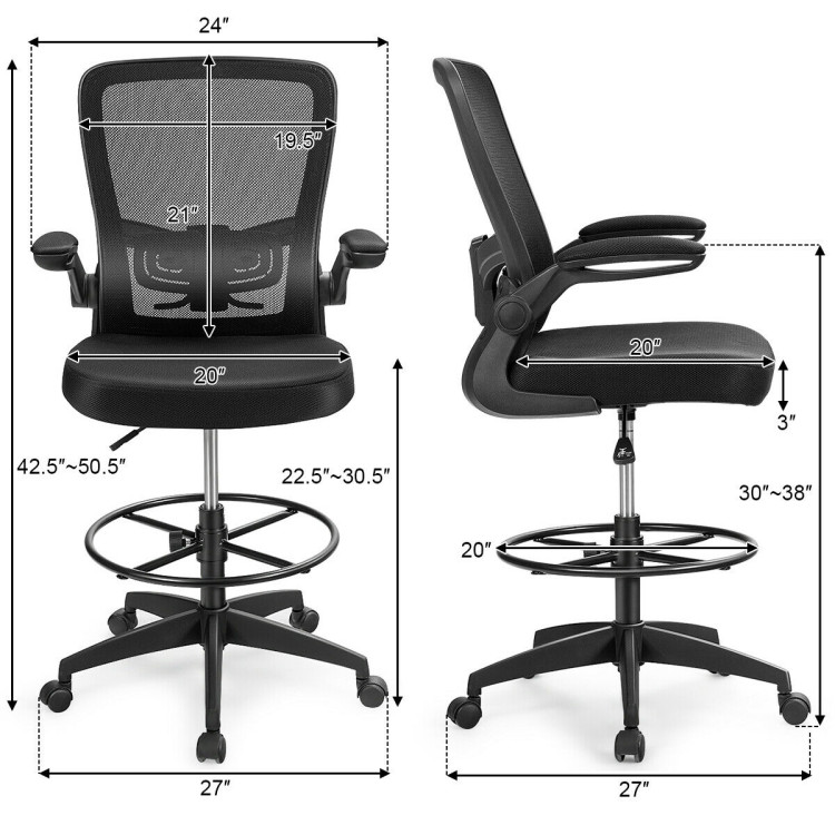 Height Adjustable Drafting Chair with Lumbar Support and Flip Up ArmsCostway Gallery View 5 of 11