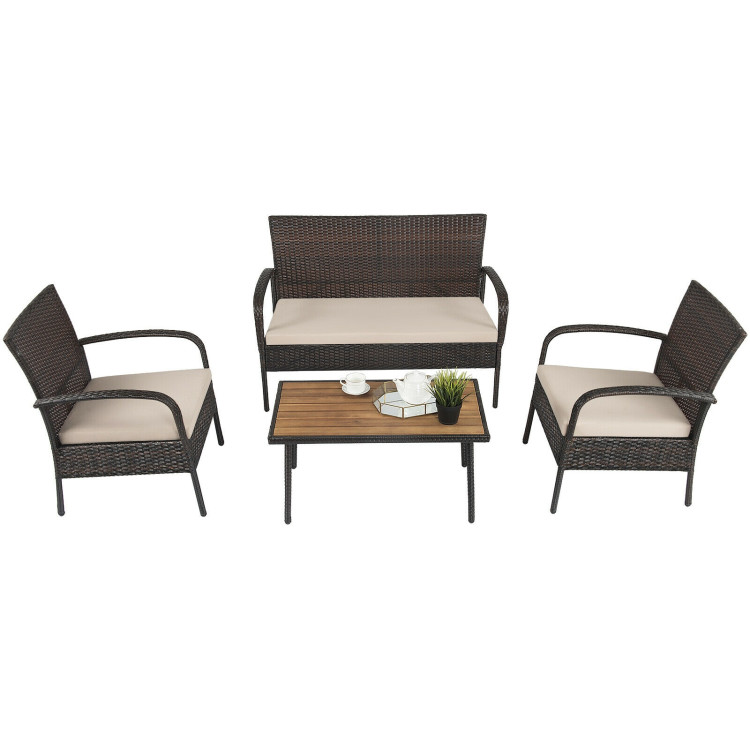4 Pieces Patio Rattan Outdoor Conversation Set with CushionsCostway Gallery View 9 of 11