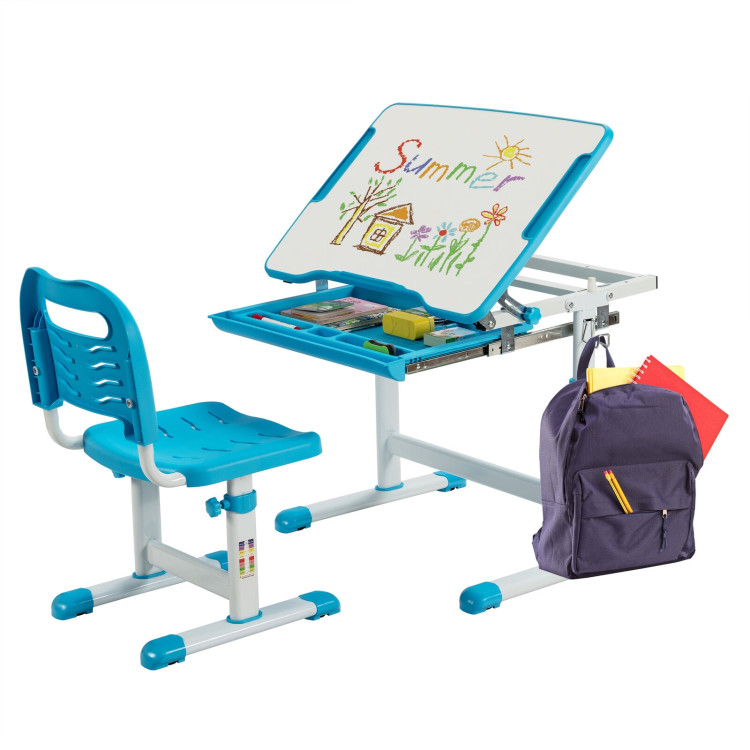Kids Height Adjustable Desk and Chair Set with Tilted Tabletop and Drawer-BlueCostway Gallery View 7 of 12