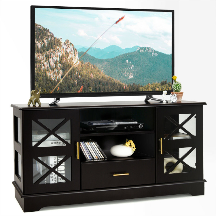 Wood TV Stand with 2 Glass Door Cabinets and 2-Tier Adjustable Shelves-BrownCostway Gallery View 3 of 12
