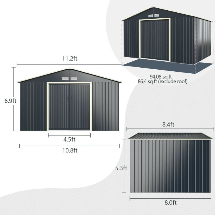 11 x 8 Feet Metal Storage Shed for Garden and Tools with 2 Lockable Sliding Doors-GrayCostway Gallery View 5 of 12