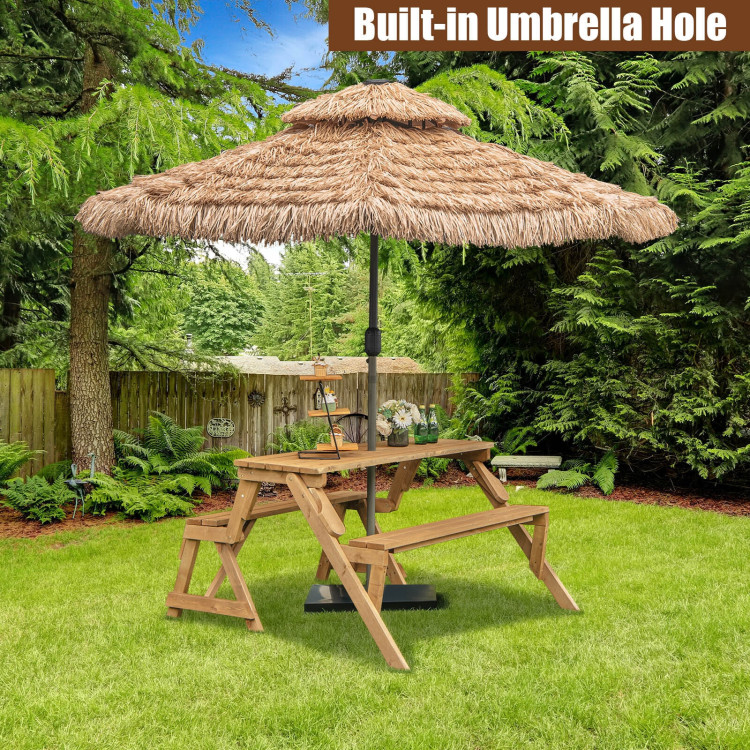 2-in-1 Transforming Interchangeable Wooden Picnic Table Bench with Umbrella Hole-Dark Golden BrownCostway Gallery View 6 of 11