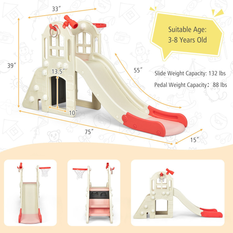 6-In-1 Large Slide for Kids Toddler Climber Slide Playset with Basketball Hoop-PinkCostway Gallery View 4 of 11