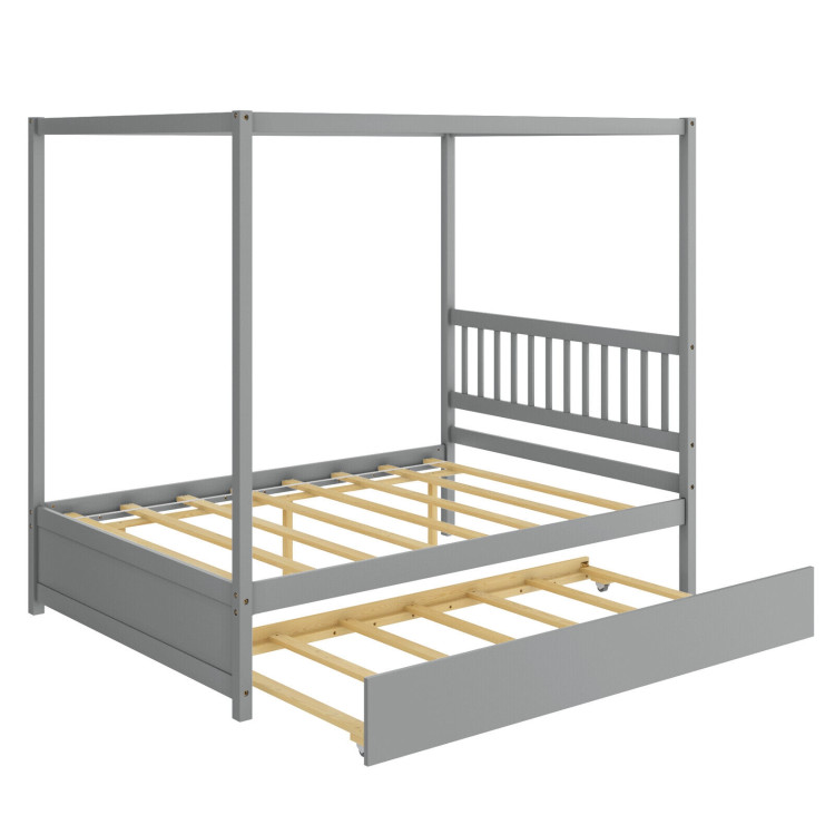 Full Size Canopy Bed with Trundle Wooden Platform Bed Frame Headboard-GrayCostway Gallery View 8 of 10