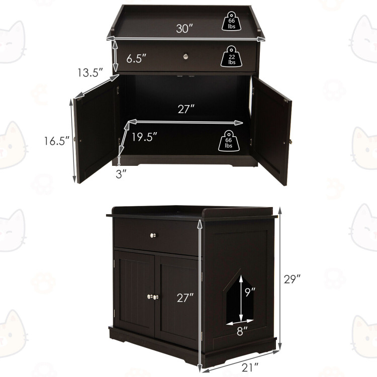 Wooden Cat Litter Box Enclosure with Drawer Side Table Furniture-BrownCostway Gallery View 4 of 10