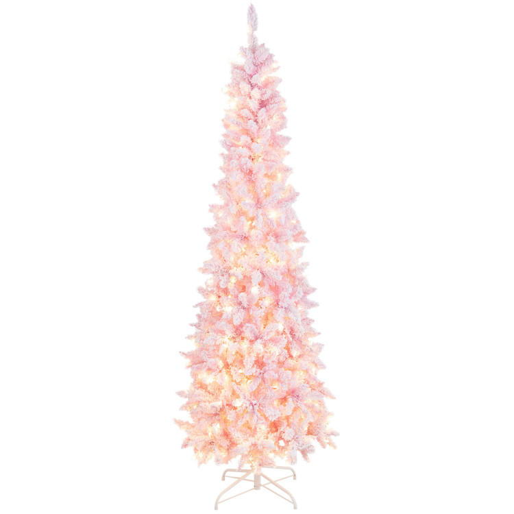 7 Feet Pre-Lit Snow Flocked Hinged Pencil Christmas Tree with 300 Lights and 8 ModesCostway Gallery View 9 of 12