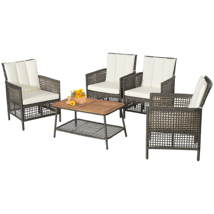 5 Pieces Patio Rattan Furniture Set Cushioned Sofa Armrest Wooden Tabletop-Off WhiteCostway Gallery View 9 of 11