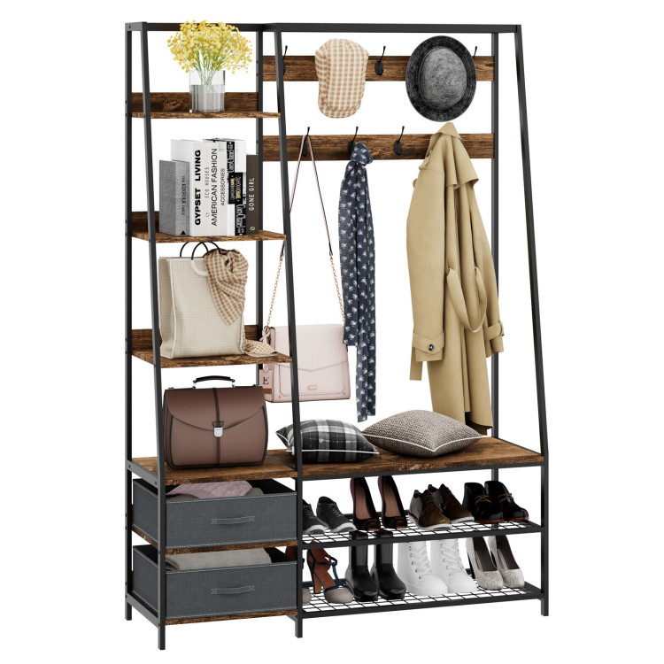 6-in-1 Freestanding Hall Tree Coat Rack with Bench and Fabric Dressers-Rustic BrownCostway Gallery View 3 of 9