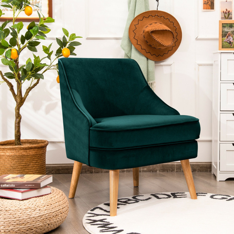 Mid Century Velvet Accent Chair with Rubber Wood Legs for Bedroom-GreenCostway Gallery View 6 of 12