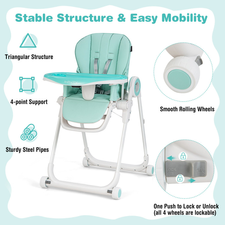 Baby High Chair Foldable Feeding Chair with 4 Lockable Wheels-GreenCostway Gallery View 5 of 10