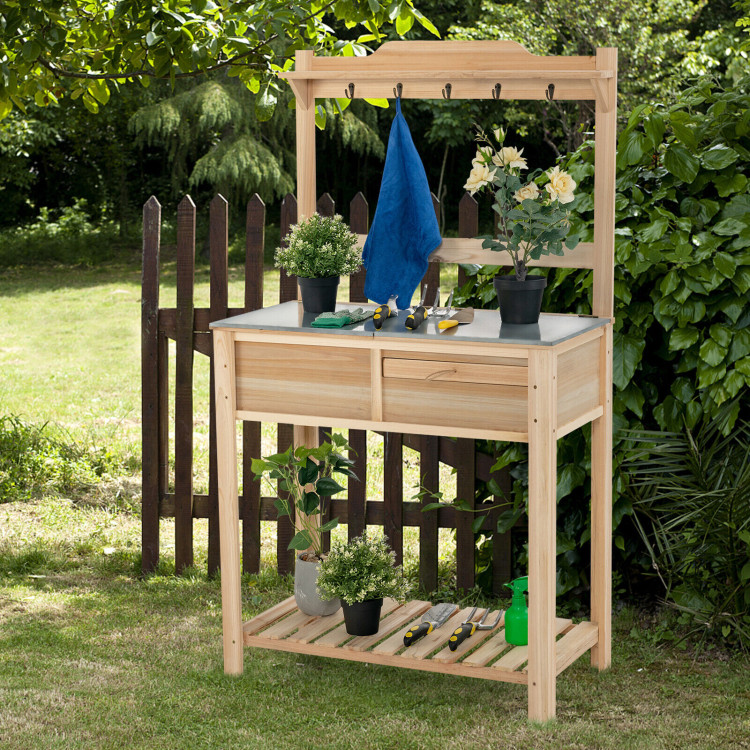 Outdoor Garden Potting Bench Table with Metal Top Open ShelfCostway Gallery View 6 of 10
