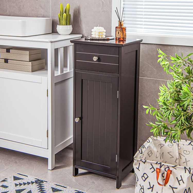 Wooden Bathroom Floor Storage Cabinet with Drawer and Shelf-BrownCostway Gallery View 2 of 11