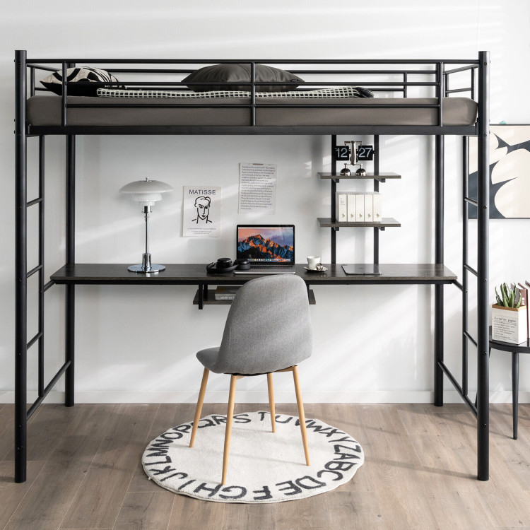 Twin Size Loft Bunk Bed with Desk Storage Shelf and Full Length Ladders-BlackCostway Gallery View 7 of 10