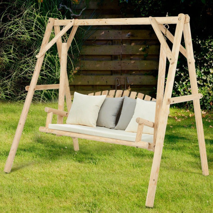 Outdoor Wooden Porch Bench Swing Chair with Rustic Curved BackCostway Gallery View 2 of 10