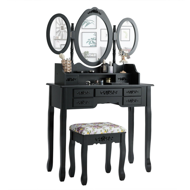 7 Drawer Tri-Folding Mirror Dressing Vanity Makeup Set-BlackCostway Gallery View 9 of 12