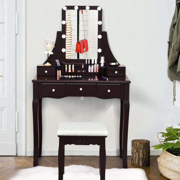 10 Dimmable Light Bulbs Vanity Dressing Table with 2 Dividers and Cushioned Stool-CoffeeCostway Gallery View 6 of 11