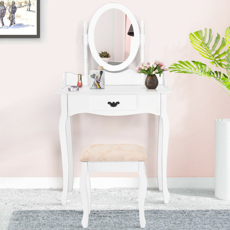 Wooden Vanity Makeup Set with Cushioned Stool and Oval Rotating MirrorCostway Gallery View 7 of 10