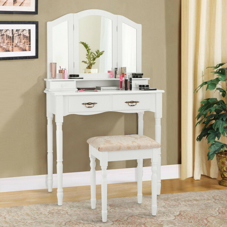 Simple Vanity Set with Tri-Folding Mirror Drawers and Storage Shelf-WhiteCostway Gallery View 1 of 12