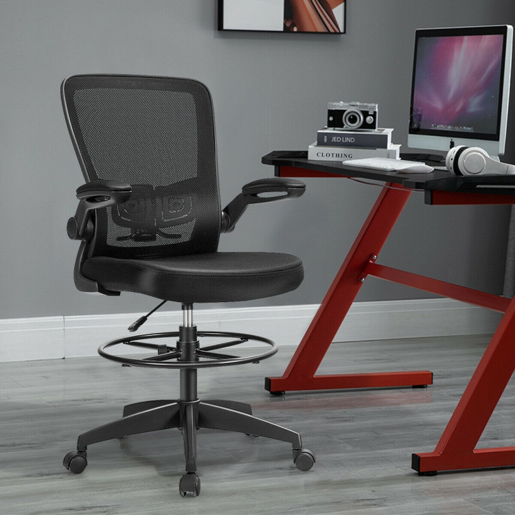 Height Adjustable Drafting Chair with Lumbar Support and Flip Up ArmsCostway Gallery View 7 of 11