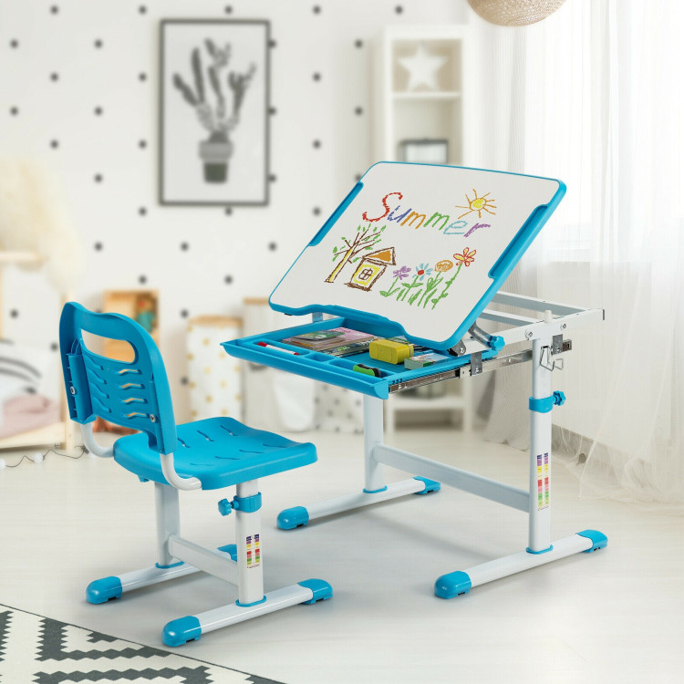 Kids Height Adjustable Desk and Chair Set with Tilted Tabletop and Drawer-BlueCostway Gallery View 1 of 12