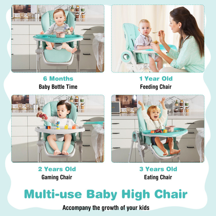 Baby High Chair Foldable Feeding Chair with 4 Lockable Wheels-GreenCostway Gallery View 6 of 10
