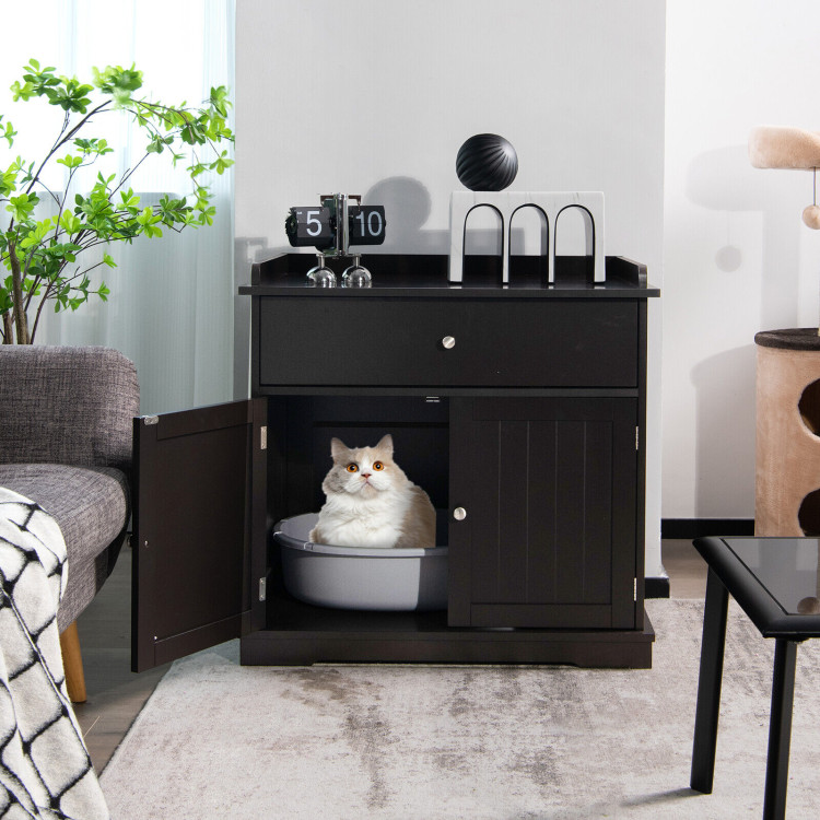 Wooden Cat Litter Box Enclosure with Drawer Side Table Furniture-BrownCostway Gallery View 1 of 10