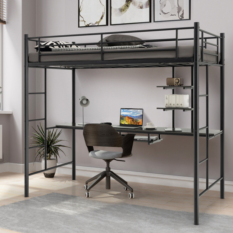 Twin Size Loft Bunk Bed with Desk Storage Shelf and Full Length Ladders-BlackCostway Gallery View 6 of 10
