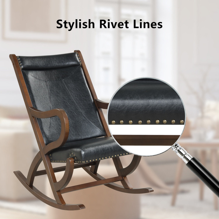 Modern Rocking Chair with PU Cushion and Rubber Wood Frame-BlackCostway Gallery View 3 of 8