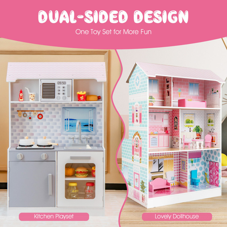 2-In-1 Double Sided Kids Kitchen Playset and Dollhouse with FurnitureCostway Gallery View 2 of 11